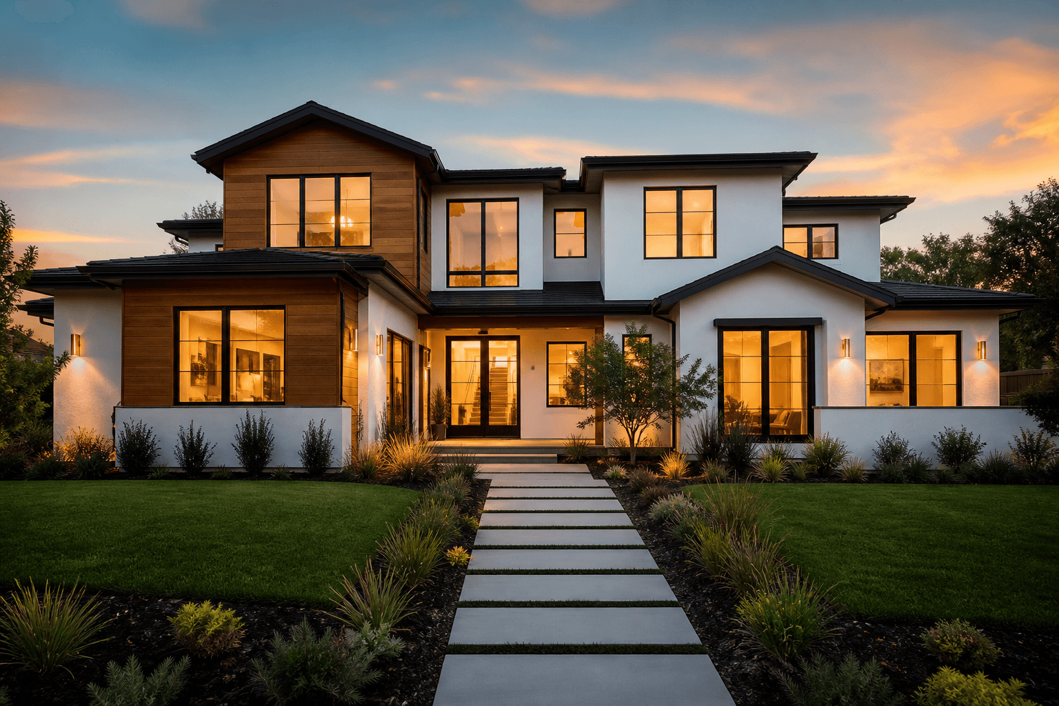 Contemporary two-story home with cedar siding and a landscaped front walk at sunset