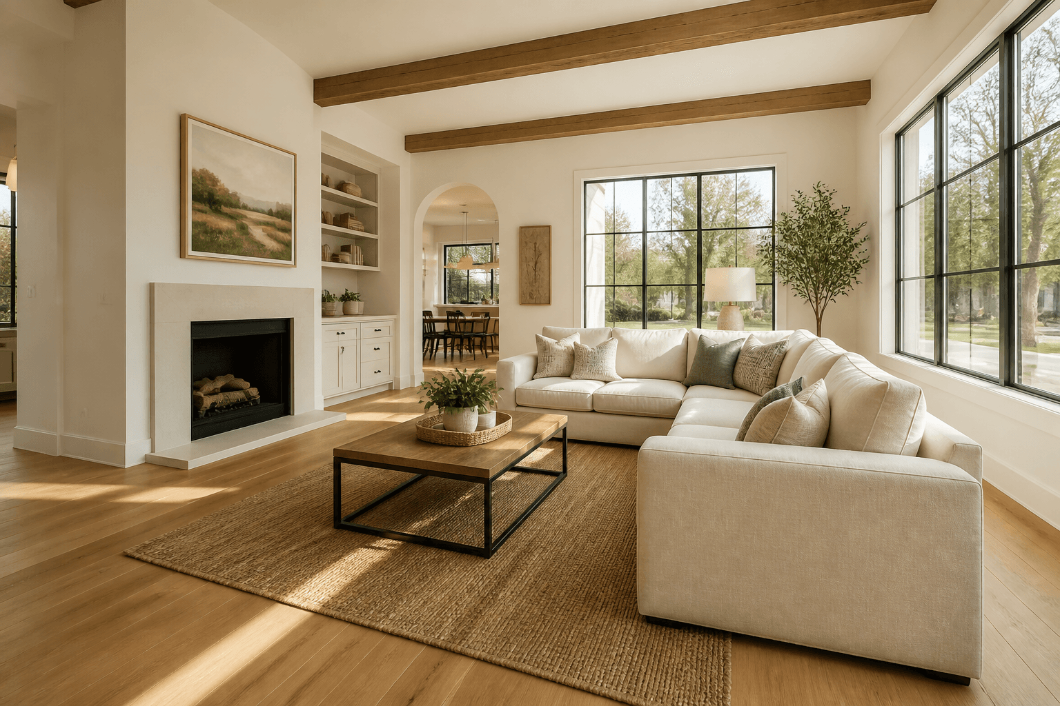 Bright living room with oak floors, a linen sofa, and large windows