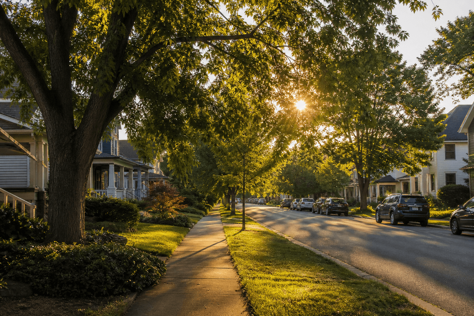 Tree-lined American residential street in late-afternoon light